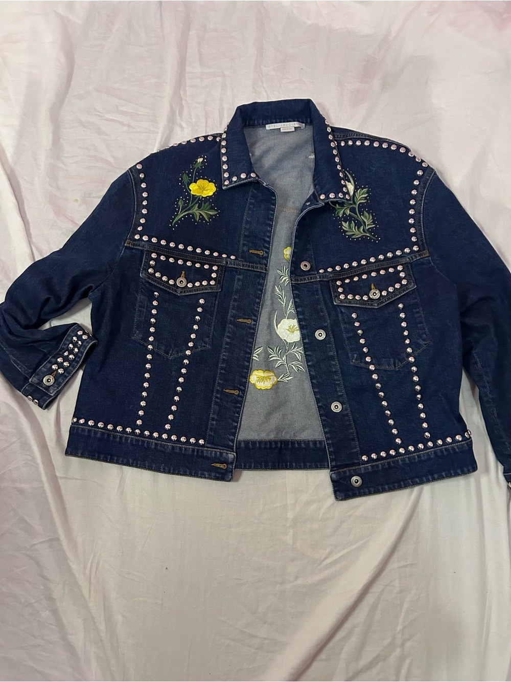 Stella McCartney studded Embroidered floral bird Blue Denim Jacket Size 48 (L)